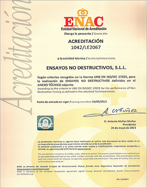 Certificado ENAC. Acredtición 1042/LE2067